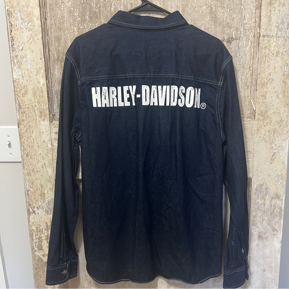 Harley Davidson Slim Fit Button Down Denim Shirt Men's Size Large